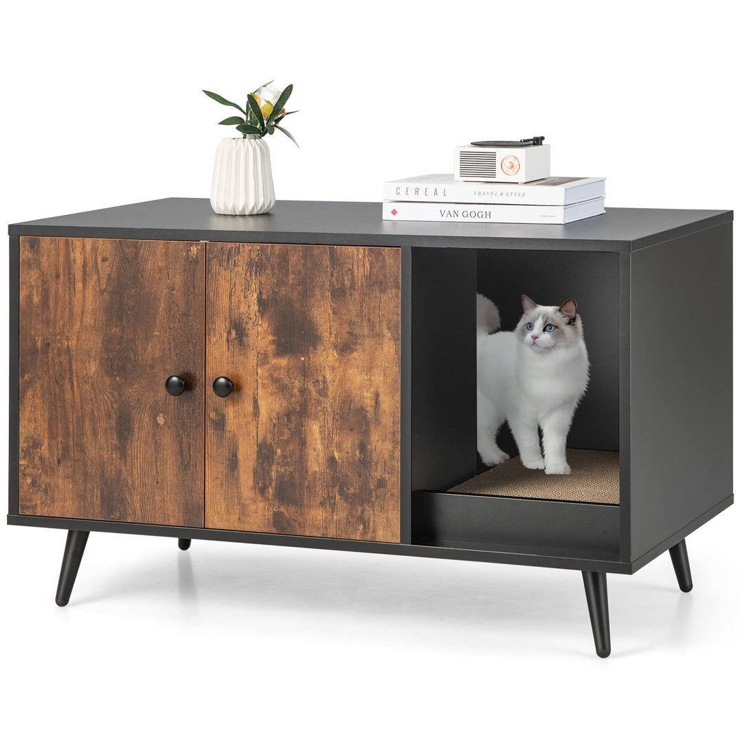 COSTWAY Katzenschrank für Katzentoilette, 2 in 1 Beistelltisch Katzenhaus, Katzenklo Schrank mit Kra