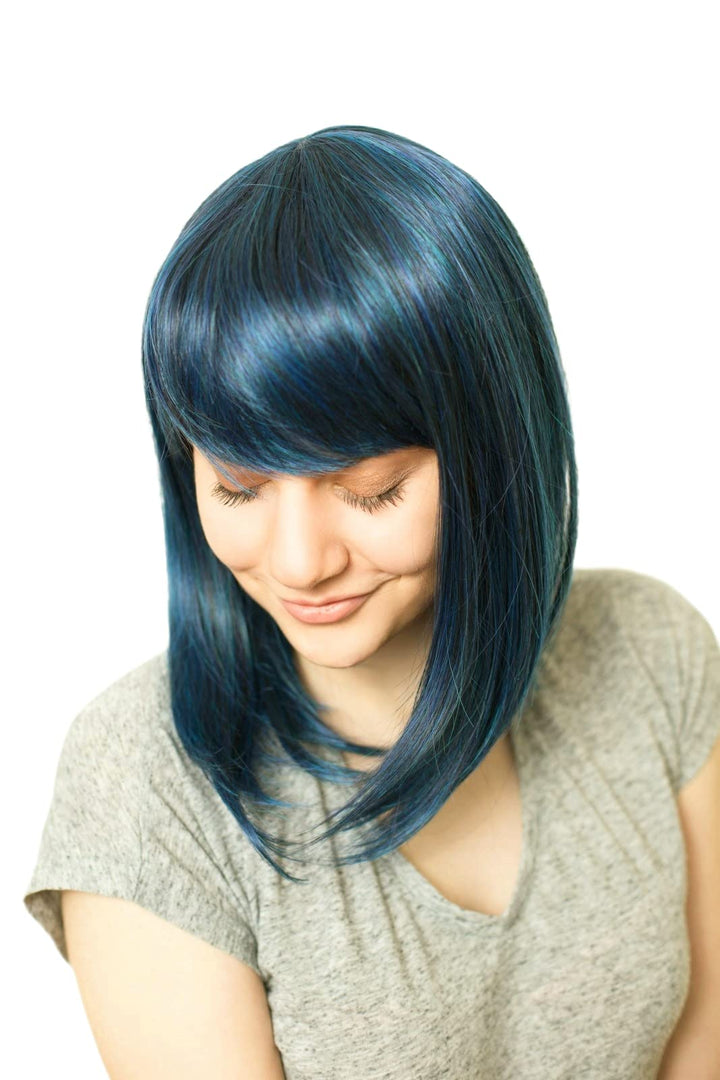 Prettyland Damen Blau Schwarz Strähnen Mittellange Schulterlang Glatte Natürlich Matte wie Echthaar