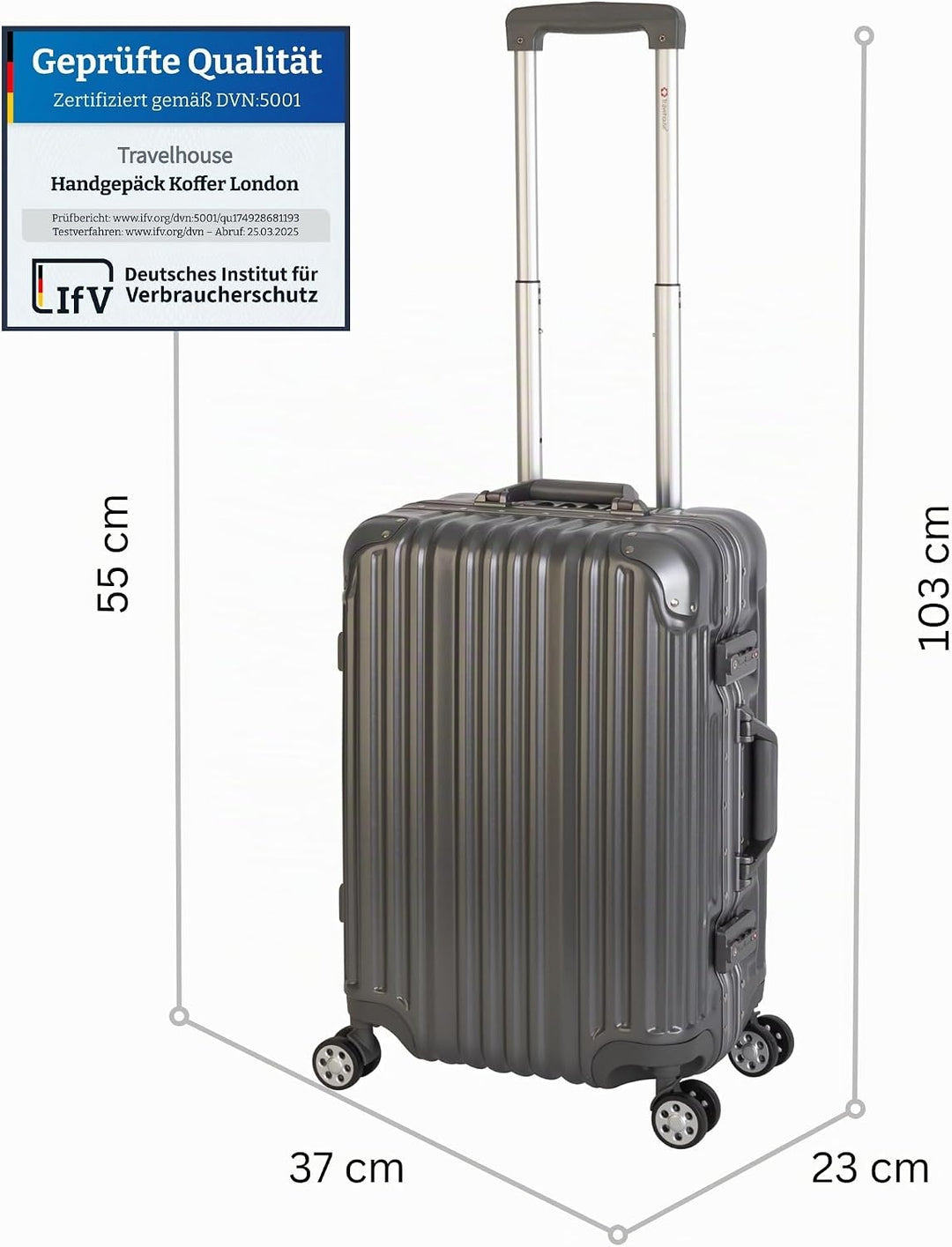 Travelhouse London Boardkoffer S-55cm · Aluminium Rahmen · Polykarbonat Hartschale · 2X TSA Zahlensc
