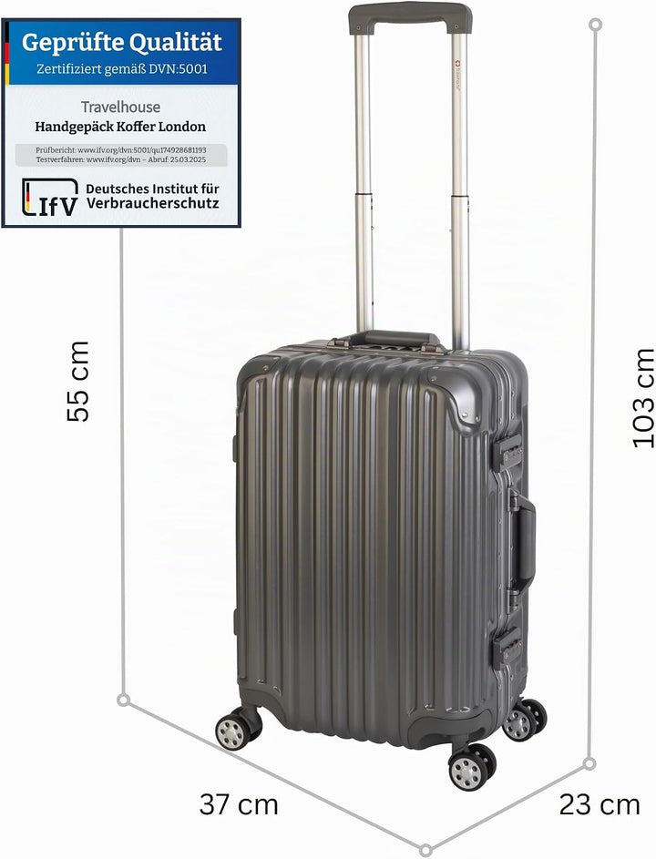 Travelhouse London Boardkoffer S-55cm · Aluminium Rahmen · Polykarbonat Hartschale · 2X TSA Zahlensc