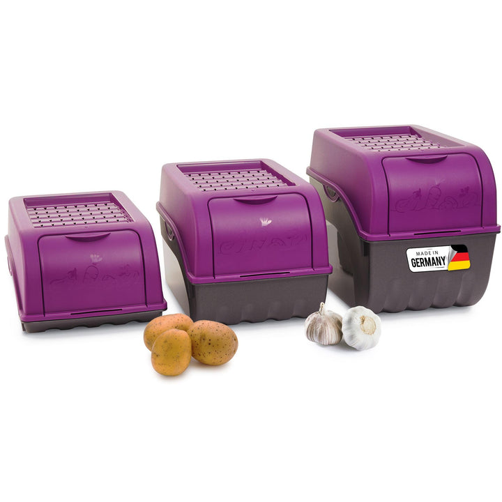 Novaliv Kartoffel Aufbewahrungsboxen Set | 3,5L + 5L + 9L | LILA | Kartoffelboxen | Gemüseboxen stap