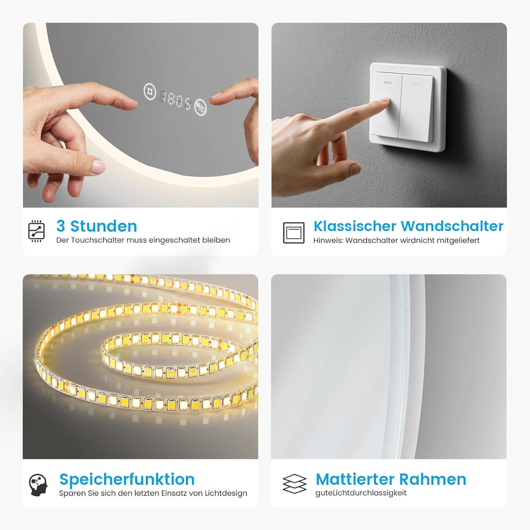 Heilmetz Badspiegel mit Beleuchtung Rund 60cm, LED Badezimmerspiegel mit Licht, Uhr, Antibeschlag, T