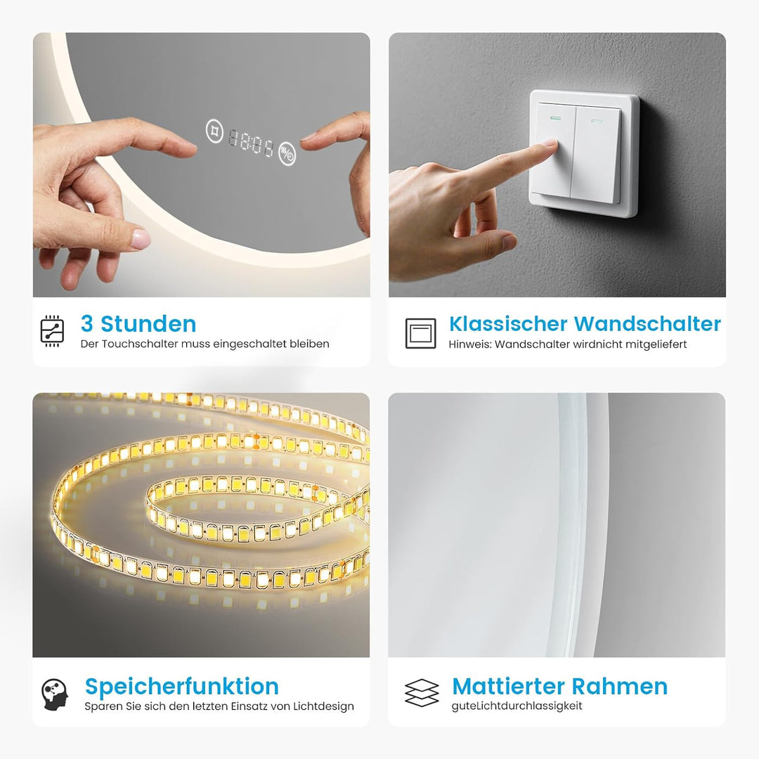 Heilmetz Badspiegel mit Beleuchtung Rund 70cm, LED Badezimmerspiegel mit Uhr, Antibeschlag, Touch, 4