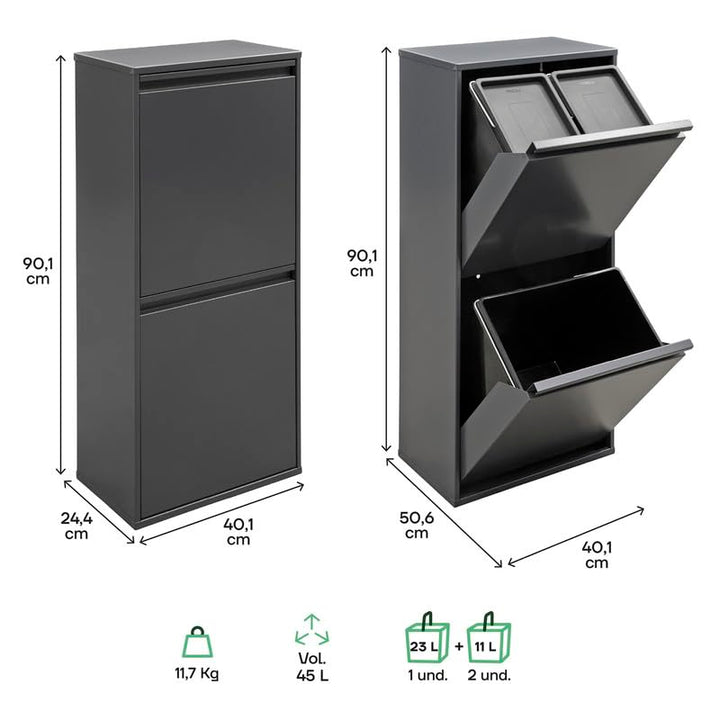 ARREGUI Basic CR404-B Mülltrennsystem aus Stahl | 3 Fächer Mülleimer für die Küche | 3 Fach Abfallei