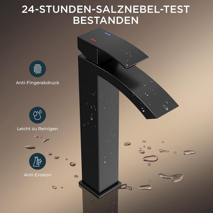 FORIOUS Wasserhahn Bad Schwarz mit Ablaufgarnitur, Wasserfall Waschtischarmatur Hoch mit Auslauf Höh
