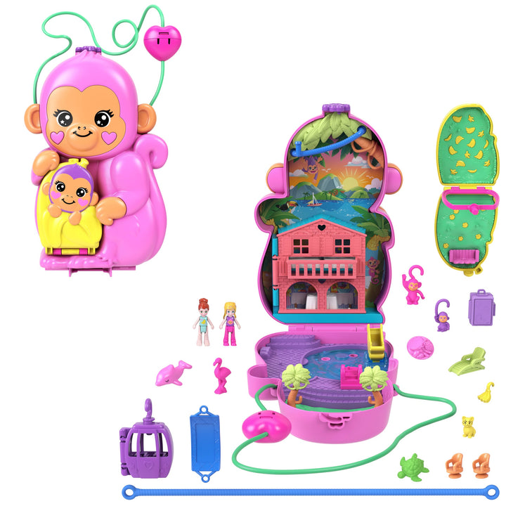 Polly Pocket Puppen & Spielset mit Tieren und 13 Accessoires, 2-in-1 Affenmama und Baby, tragbare Ta