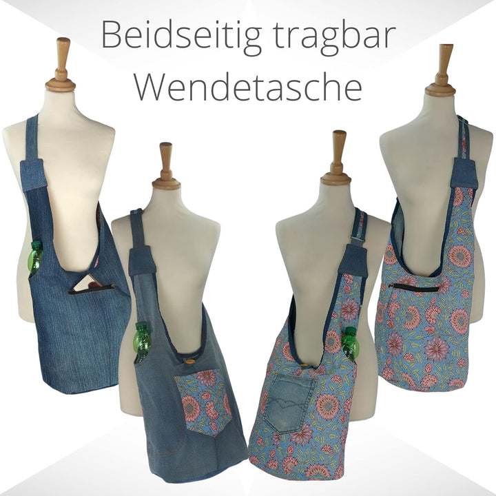 Sunsa Damen nachhaltige Hobo Tasche. Umhängetasche aus recycelte Jeans & Baumwolle. Boho blumig Cros