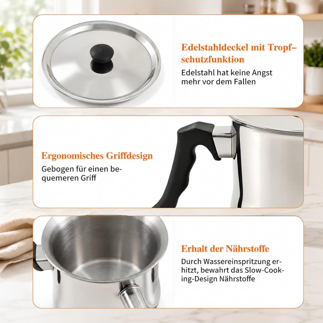 Milchtopf Induktion mit Deckel, 1.5L Milchtopf Doppelwandig, Simmertopf aus Edelstahl, Geeignet für