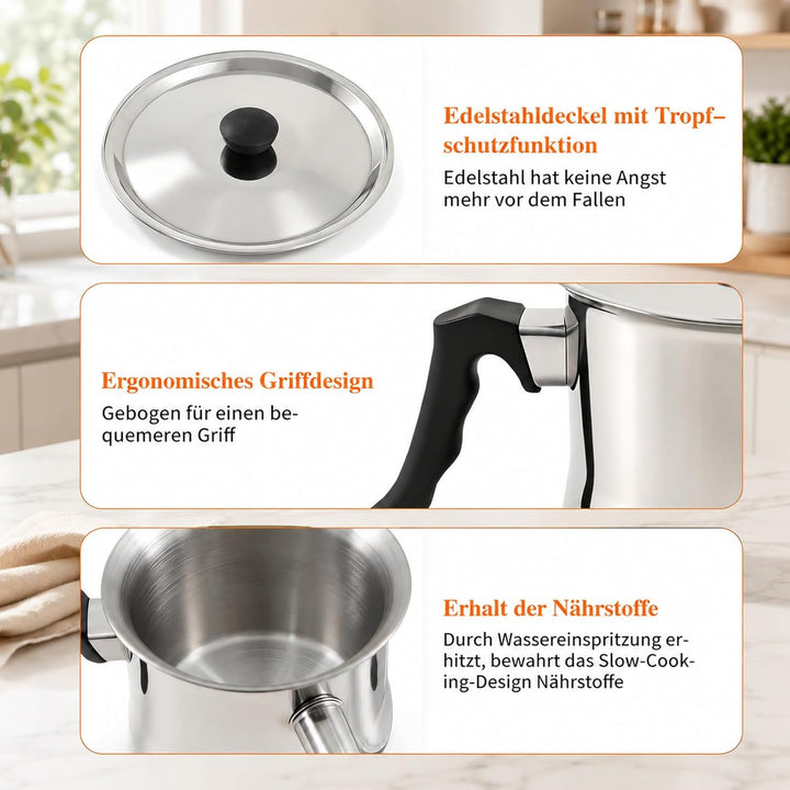 Milchtopf Induktion mit Deckel, 1.5L Milchtopf Doppelwandig, Simmertopf aus Edelstahl, Geeignet für