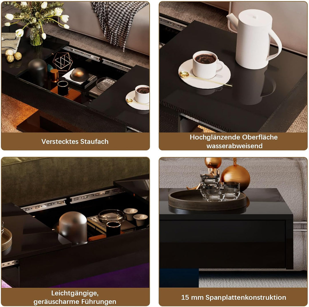 KEEPREAPER Couchtisch Hochglanz ausziehbar, Wohnzimmertisch versenkbar mit Stauraum für Sofa, 108x53