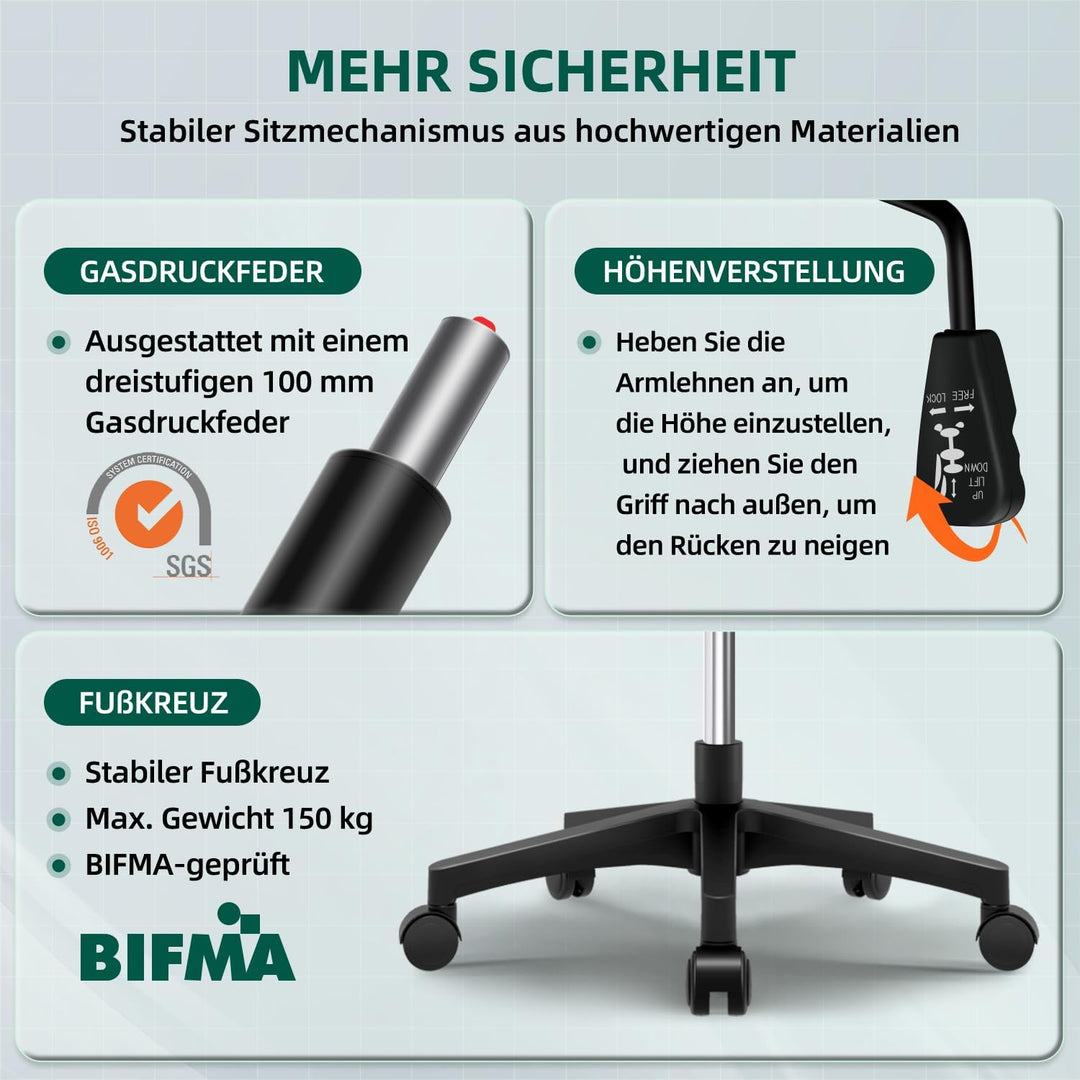 Bürostuhl Ergonomisch,Schreibtischstuhl mit Hochklappbaren Armlehnen, Einstellbarer Lendenstütze, Wi