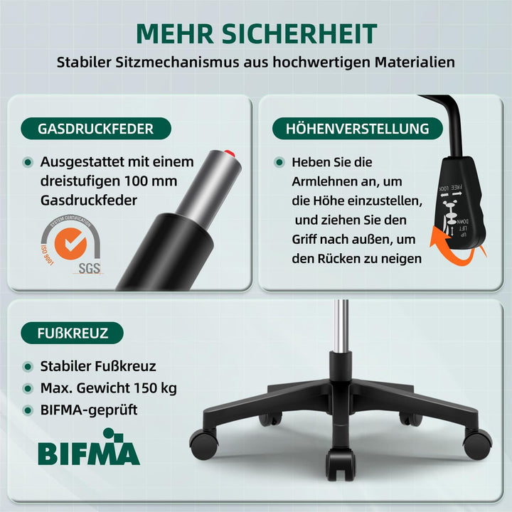 Bürostuhl Ergonomisch,Schreibtischstuhl mit Hochklappbaren Armlehnen, Einstellbarer Lendenstütze, Wi