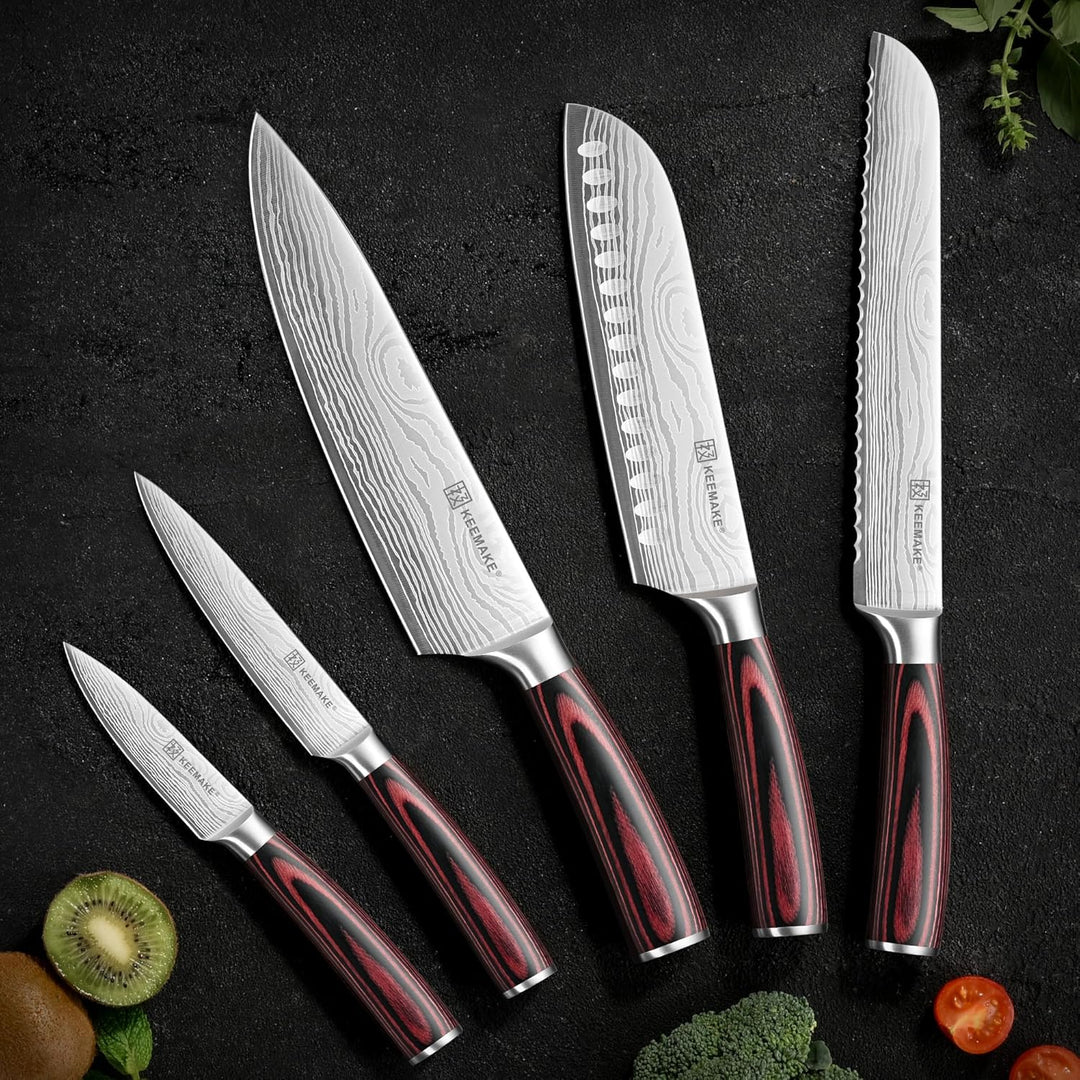 KEEMAKE Küchenmesser Set 5 teilig, Messerset aus Edelstahl mit Profi Brotmesser Kochmesser Santoku M