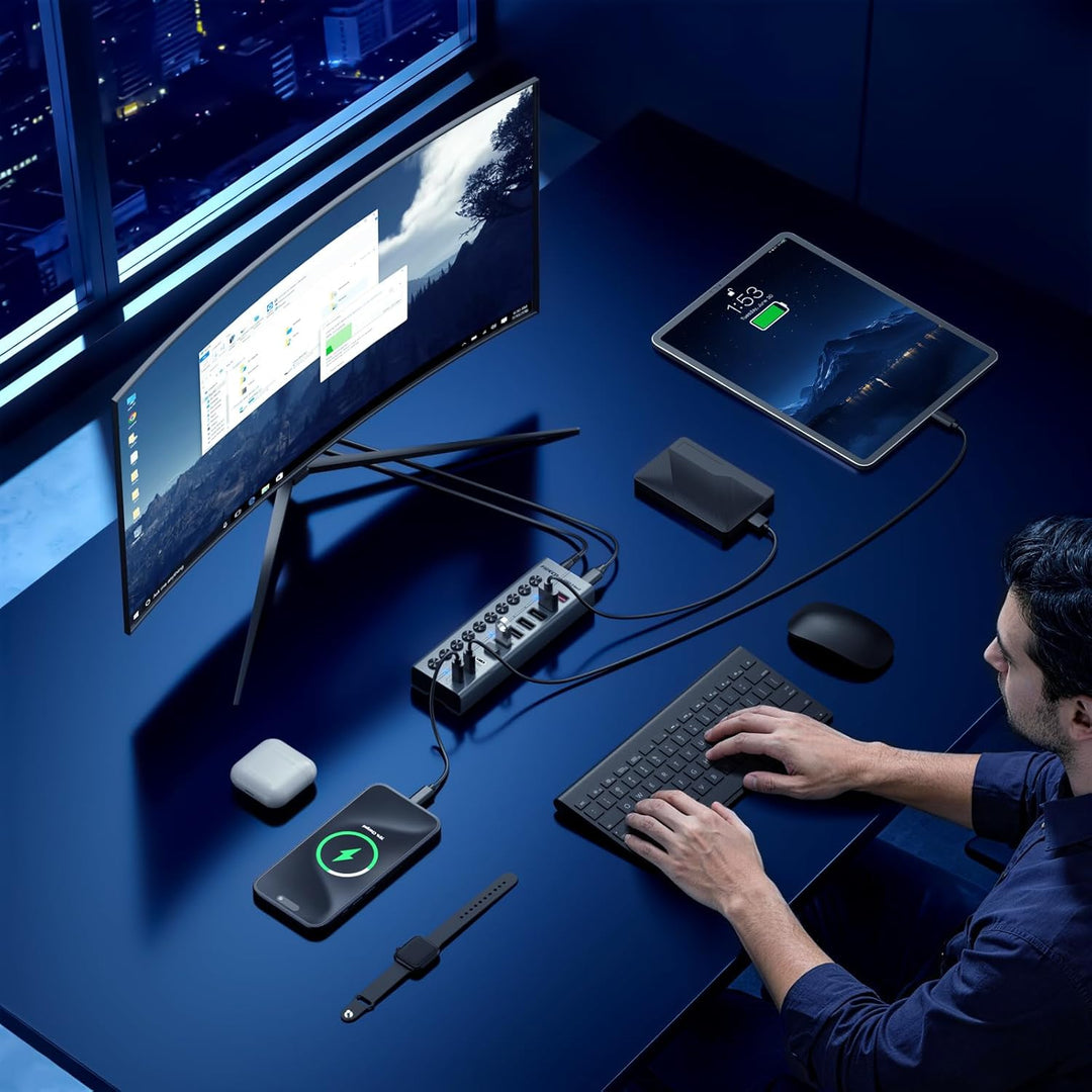 FIDECO 10 Ports USB Hub mit Netzteil, USB Hub Aktiv mit 1 BC1.2, 2 PD 45W Charging Port und 7 USB 3.