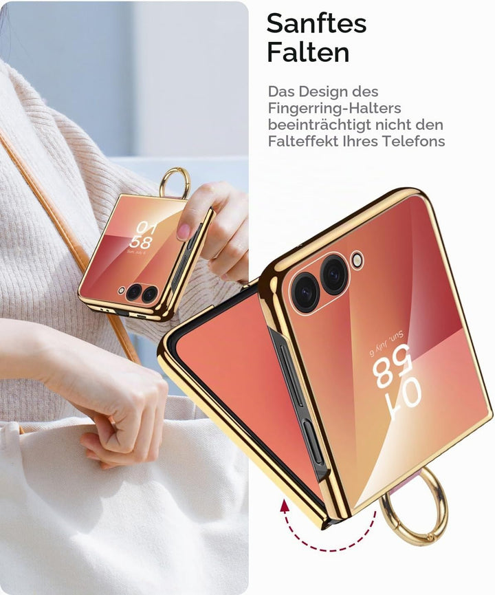 Miimall Lederhülle Kompatibel mit Samsung Galaxy Z Flip 7 Hülle mit Ring Ständer &amp; Kameraschutz [Lux