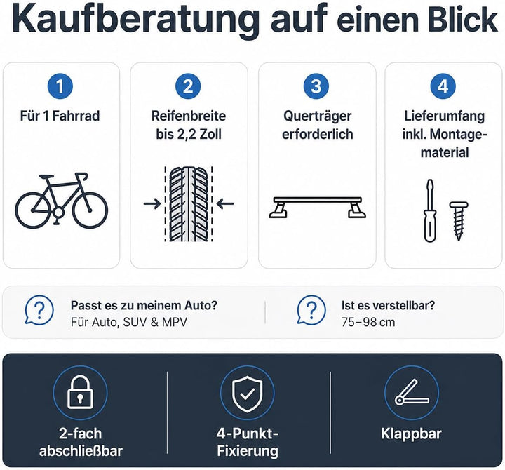 Fahrrad Dachträger E-Bike mit Diebstahlschutz für Auto SUV bis 38 Zoll