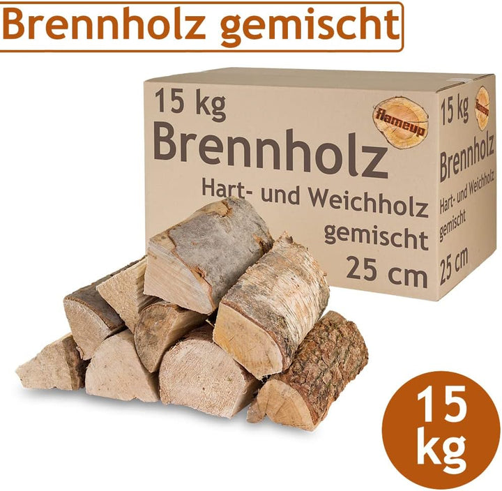 Flameup Brennholz Gemischt Kaminholz 15 kg Buche Eiche Birke Kiefer Fichte Holz Für Ofen und Kamin K