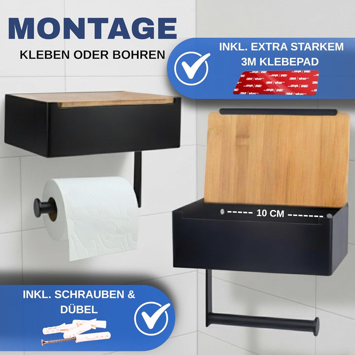 Toilettenpapierhalter mit Feuchttücherbox - Edelstahl & Bambus - Toilettenpapierhalter ohne Bohren -