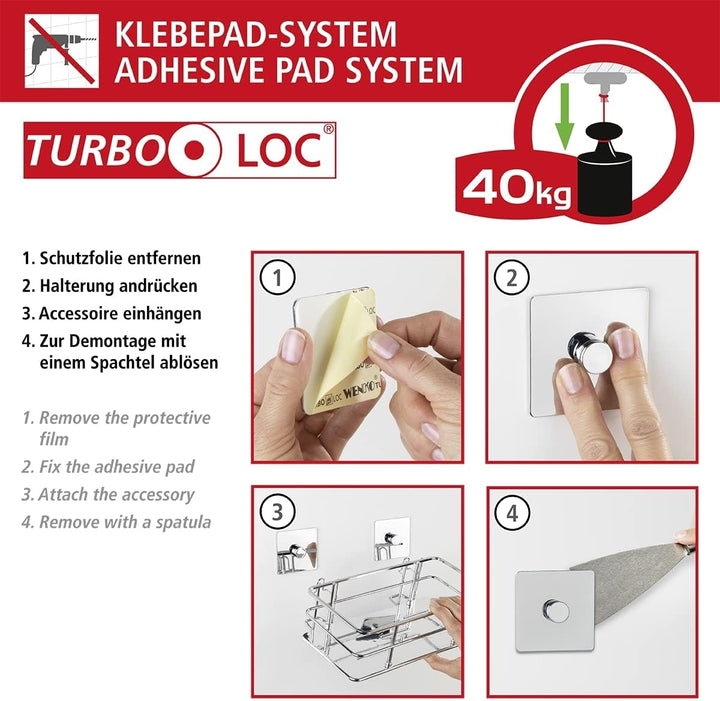 WENKO Turbo-Loc Edelstahl Handtuchhalter Quadro, 2 bewegliche Arme, Befestigen ohne Bohren, Edelstah