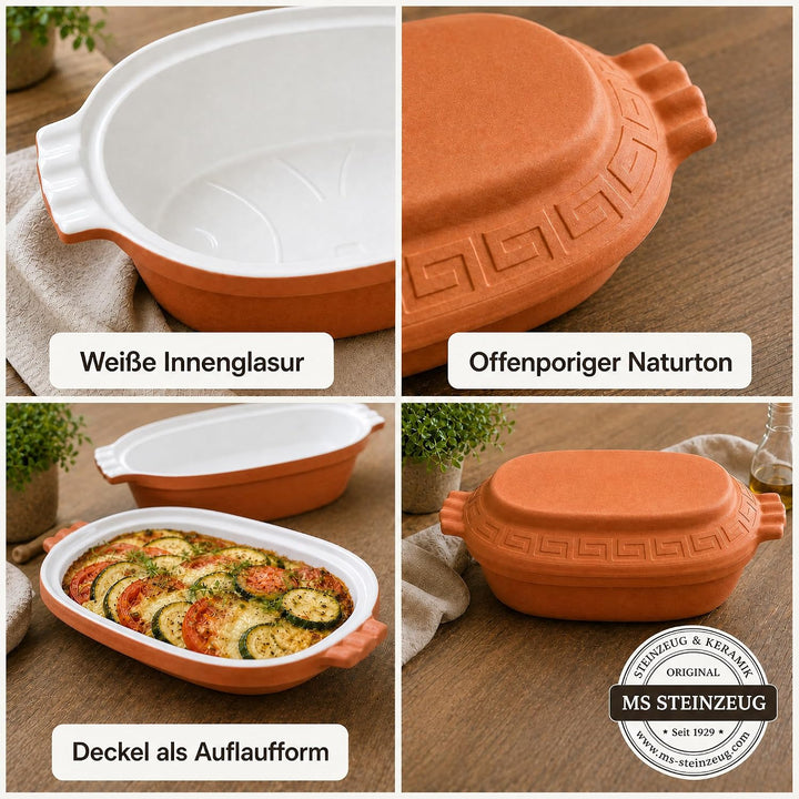 TerraStone Bräter oval mit Deckel, 42x27x17 cm, Terrakotta | Natürlicher Tonbräter für saftige Schmo