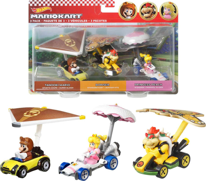 Hot Wheels HDB39 - Super Mario Kart Glider 3er-Pack, 3 Spielzeugautos im Massstab 1:64, mit drehbare