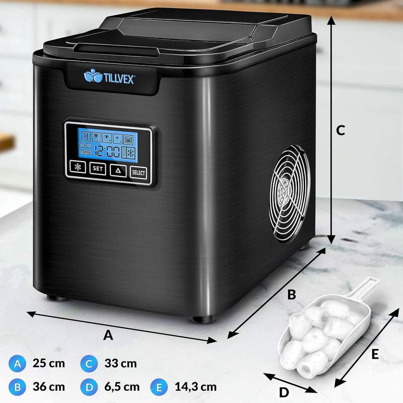 tillvex Eiswürfelmaschine Edelstahl 12 kg - 24 h | Eiswürfelbereiter mit Timer und 2,2 Liter Wassert