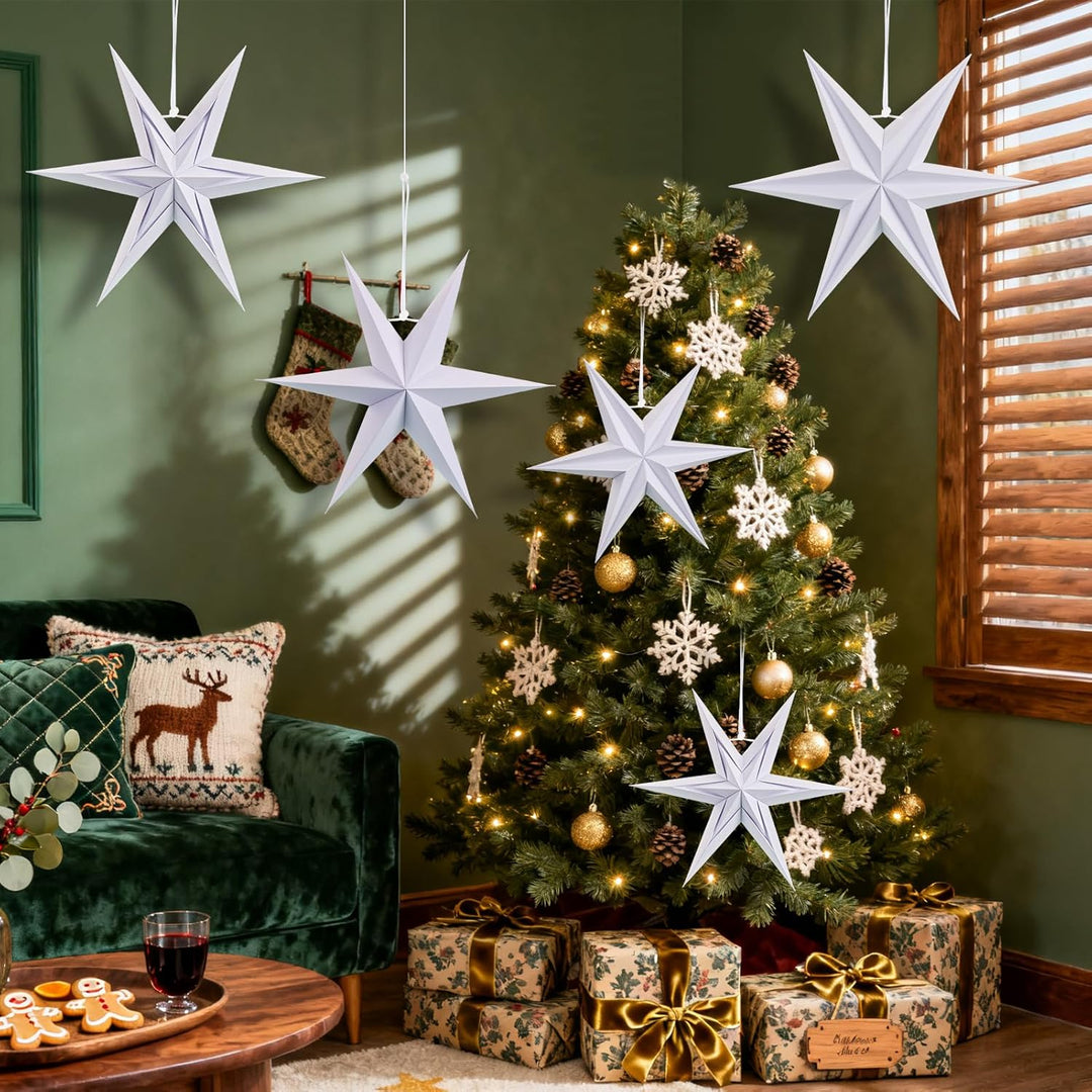 EASY JOY 5 Stück Papiersterne Weihnachten Weisse,6 Zacken Faltsterne,Papiersterne Zum Aufhängen,Weih