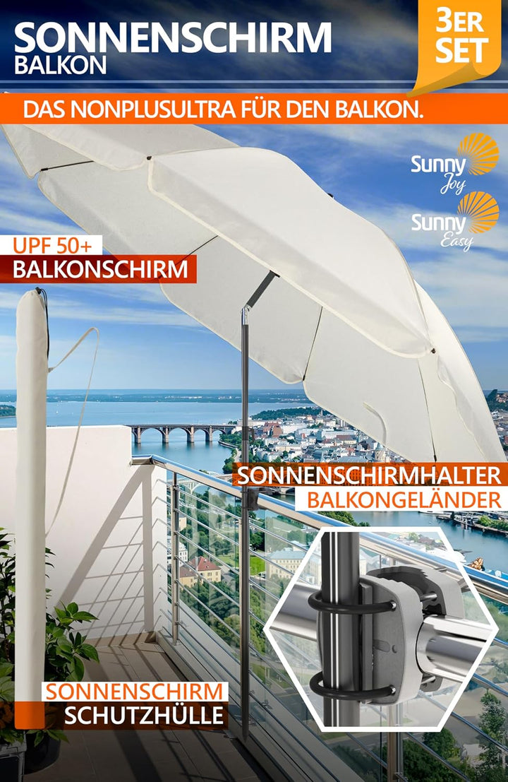 4smile Sonnenschirm Balkon SunnyJoy Ø 180 cm, 3-IN-1 Set - UPF 50+ Balkon Schirm + Sonnenschirmhalte