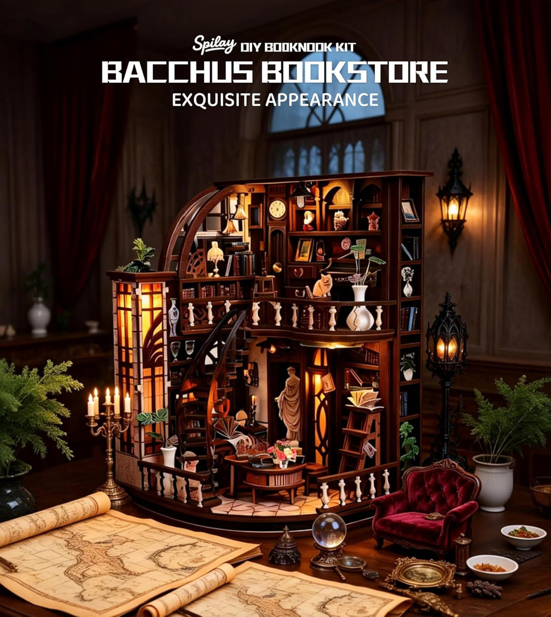 Spilay Miniatur Haus, Bacchus Bookstore 3D Holzpuzzle mit LED | DIY Miniature House Kit für Erwachse