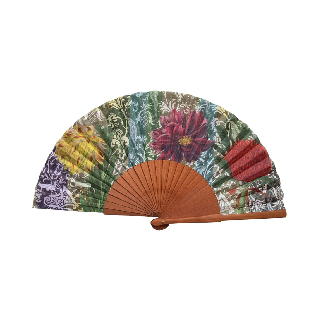 Spanischer Handfächer Flores – Holz und Baumwolle – 23 cm – Jute-Hülle und -Bezug – Modeaccessoire –