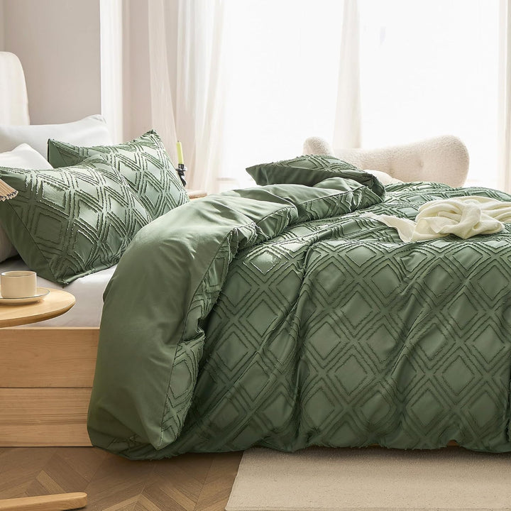 JELLYMONI Grünes Bettbezug-Set, Queen-Size-Grösse, Mikrofaser, getuftet, Boho-Struktur, Jacquard-Rau