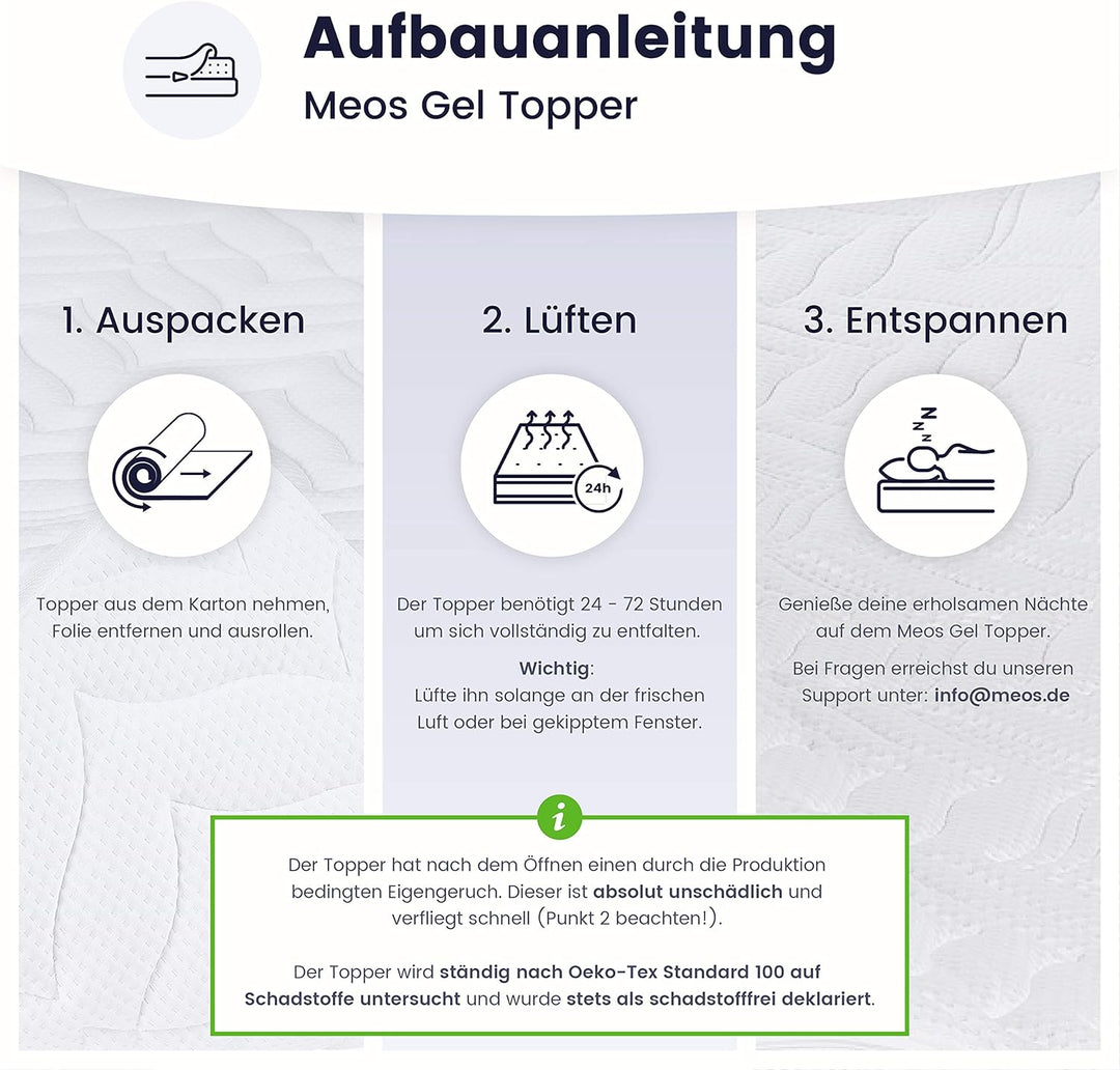Meos® Gel-Schaum Topper 100x200 für Matratzen & Boxspringbett - Made in Germany - hohes RG50 - Bezug