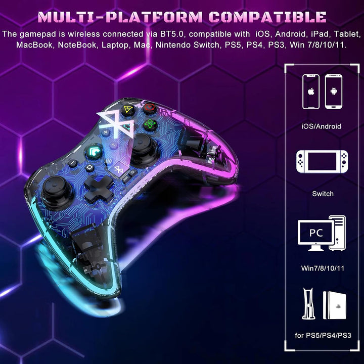 Megadream Wireless Controller für iPhone, MFi RGB Transparent Mobile Game Gamepad Joystick mit Turbo
