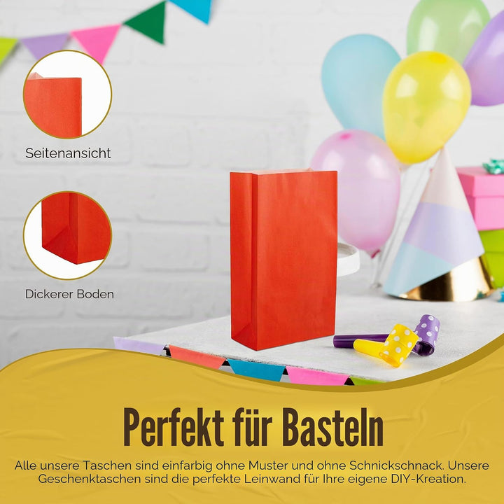 Thepaperbagstore 50 Rote Partytüten aus Papier – 14x24.5x7cm - Bunte Geschenktüten aus Papier für Ki