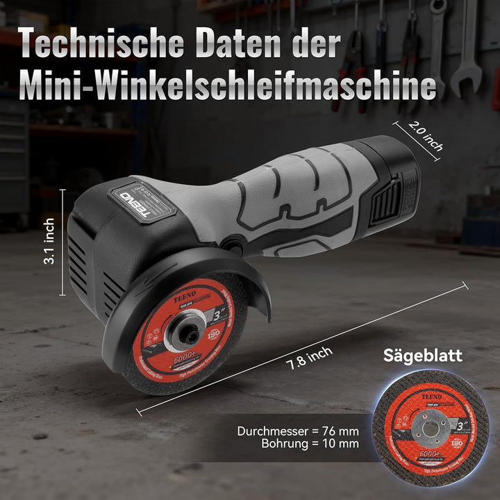 Winkelschleifer TEENO 19.500 U/min – kabellose Schleifmaschine, 76 mm, Komplettset mit 2 Akkus 2000