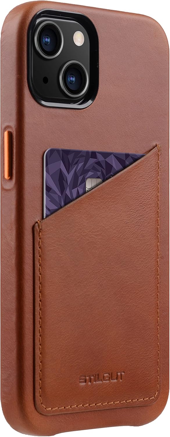 STILGUT Cover kompatibel mit iPhone 13 Hülle mit Kartenfach, Case aus Leder, Kartenhülle - Cognac Na