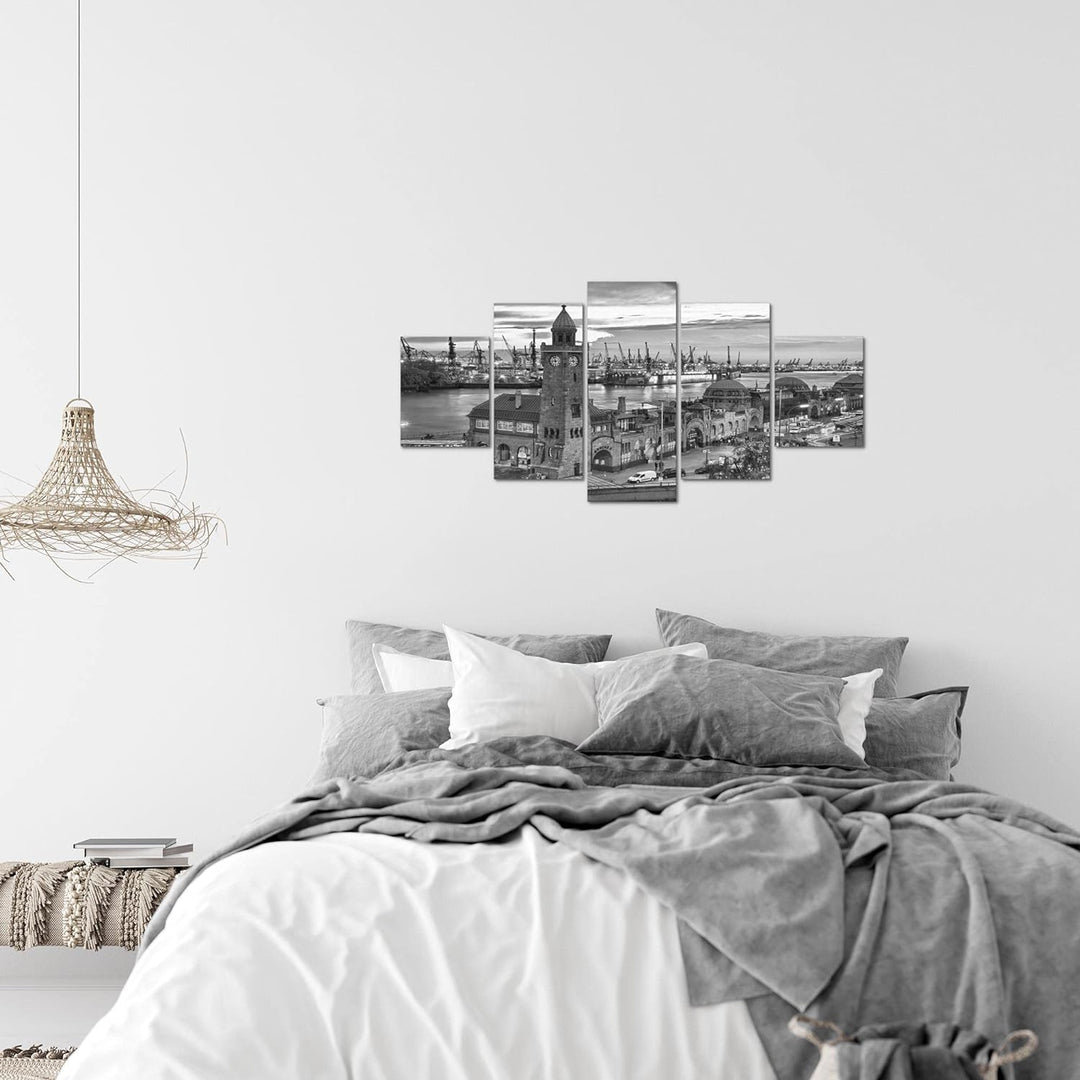 Runa Art Wandbilder Hamburg 5 Teilig Bild auf Vlies Leinwand Deko Wohnzimmer Schlafzimmer Hafen Schw