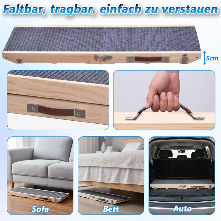 Hunderampe aus Holz, Hundetreppe 4 Stufen Verstellbar 24.5cm bis 45cm, Hunderampe mit Anti-Rutsch-Pa