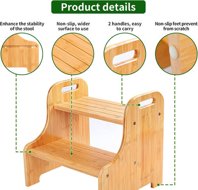 VaeFae Tritthocker aus Bambus, 2 Stufen, rutschfest, mit 2 Griffen Natural, Natural