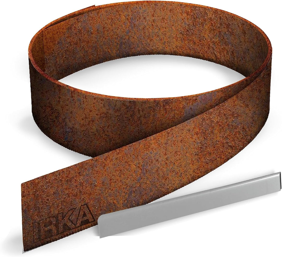 IRKA Rasenkantenband Cortenstahl Garten 15cm x 20m x 1mm | Cortenstahl Rasenkante Rost mit Versteifu