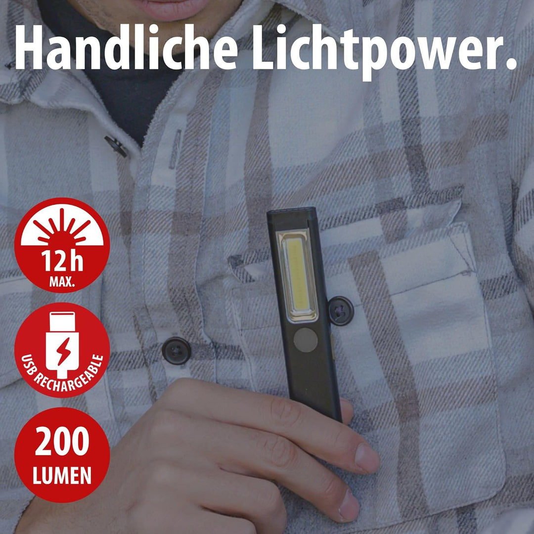 Brennenstuhl LED Akku Handleuchte PL 200 AC/LED Taschenlampe mit COB LED (200lm, inklusive USB C Lad