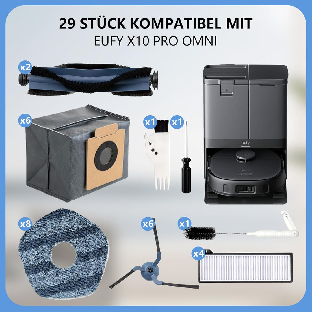 X10 Pro Omni Zubehör Set für Eufy X10 Pro Omni Saugroboter, 29 Stück, 2 Rollenbürste 6 Seitenbürsten