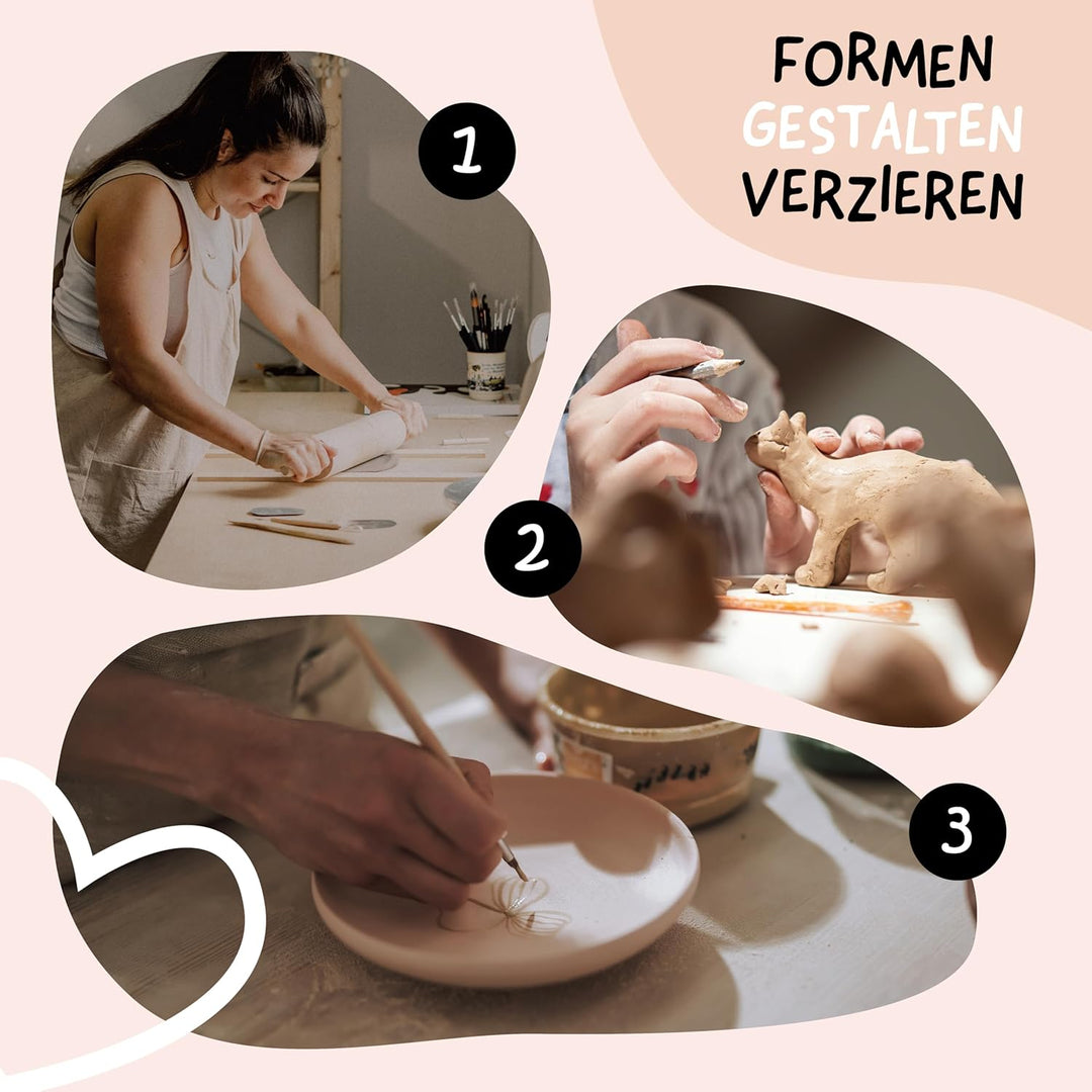 Grüntal Ton Töpferset mit lufttrocknendem Ton - Töpferset für Zuhause mit Modellierwerkzeug, Acrylfa