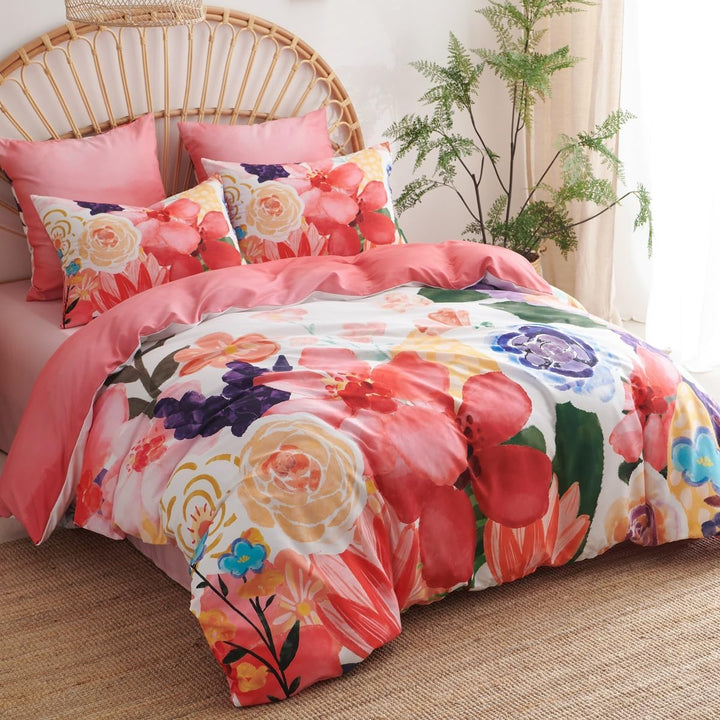 Lanqinglv Bettwäsche 155x220 Rot Bunt Blumenmuster Wende Bettwäsche Set Bohemian Boho Stil,Bettbezug