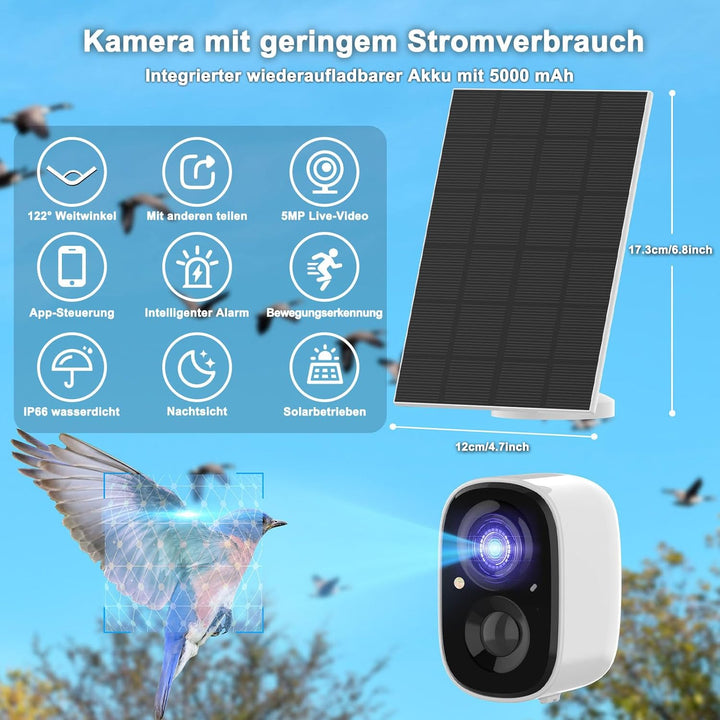 Vogelhaus mit Kamera und Solar Panel - 2K HD Solar Kamera WLAN Outdoor mit Massivholz Nistkasten, Br
