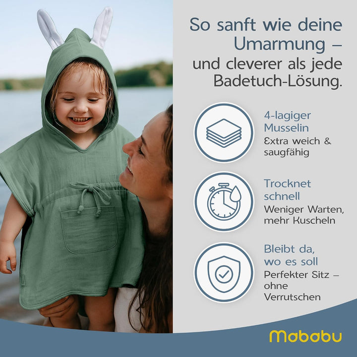 Badeponcho Baby &amp; Kinder EXTRA weich (100% Bio-Baumwolle) | Kinder Badeponcho 1-7 Jahre| Handtuch Po