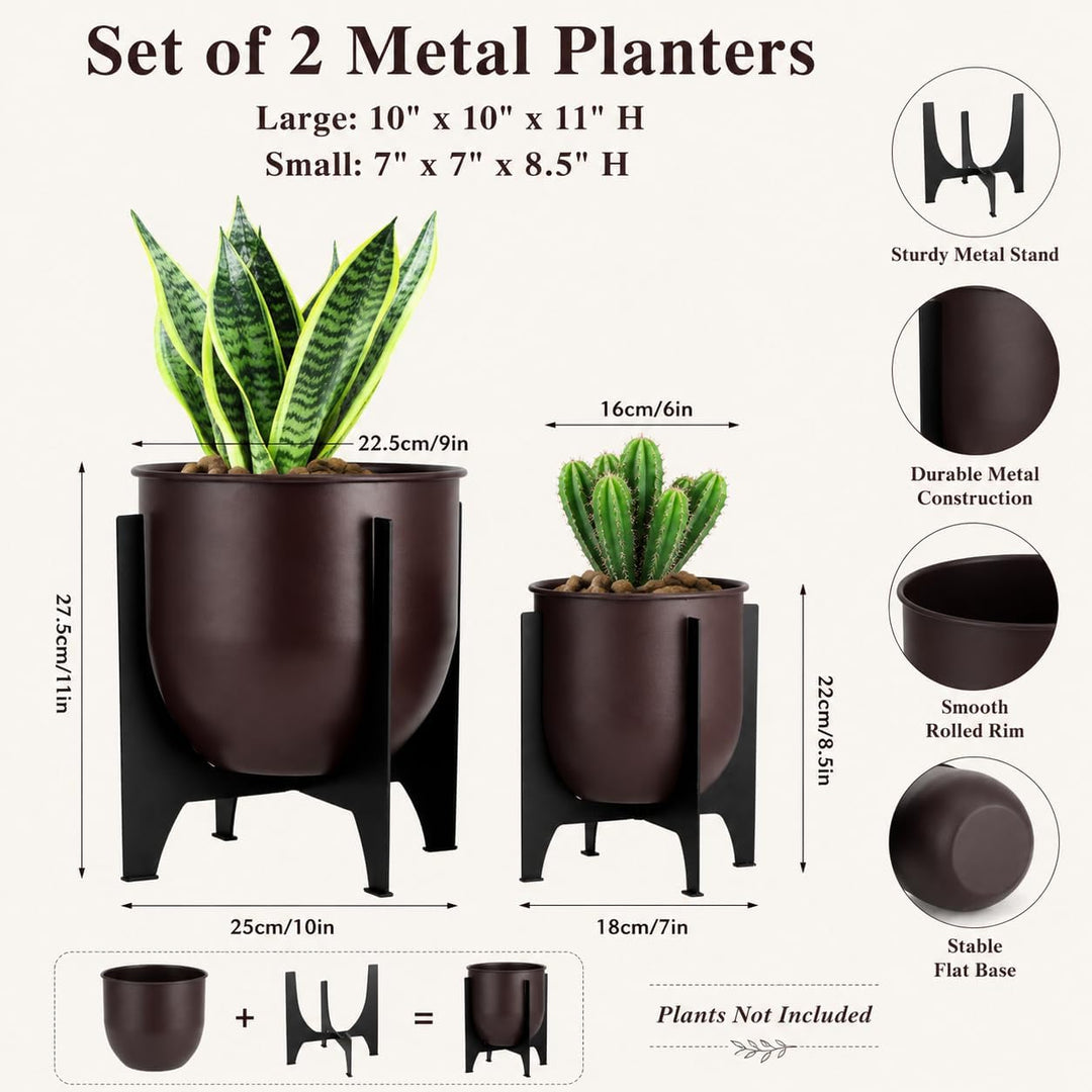 TRIROCKS 2er Set Blumentöpfe mit Metallständer 28/22cm Modern Indoor & Outdoor Pflanzgefässe für Woh
