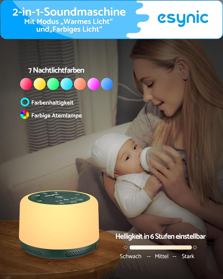 eSynic White Noise Machine–30 Klangoptionen, Schlafhilfe & Meditationshilfe, 7 LED-Farblichter, Atem
