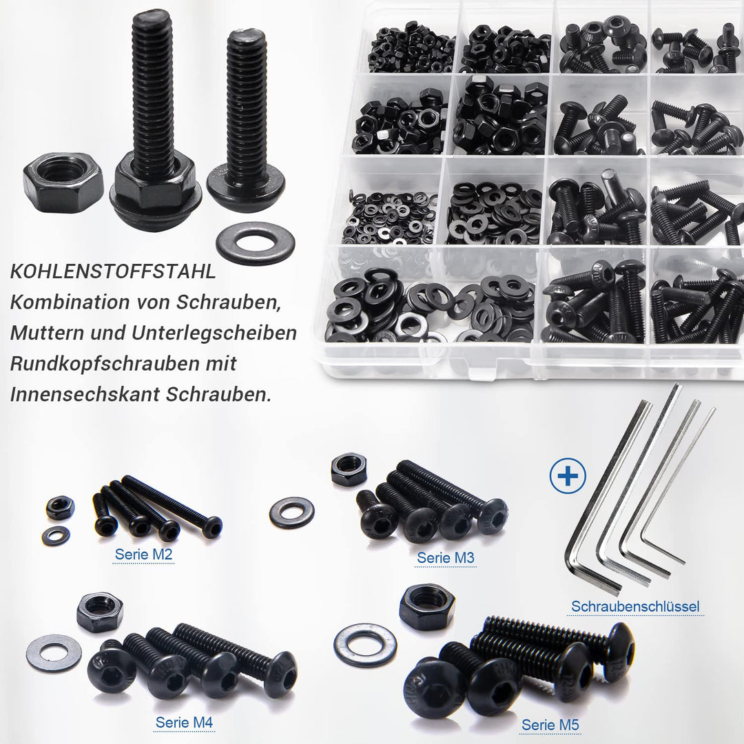 Schrauben Set NINDEJIN 1060PCS Kohlenstoffstahl Schrauben Muttern und Unterlegscheiben Sortiment Kit
