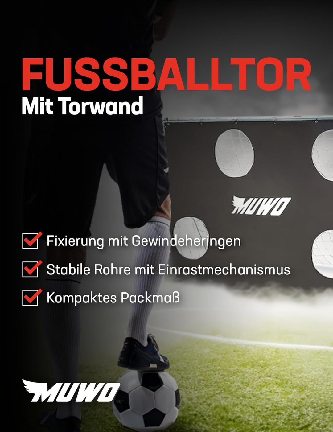 MUWO Fussballtor mit Abnehmbarer Torwand und wetterfestem Stahlgestell. Masse: 217 x 153 cm. Optimal